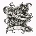  a writing that says "c'est pas facil ma ma passerà" and must be written in a mix between gothic and corsive tattoo design idea