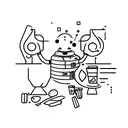 A minimalist tattoo of a computer mouse and a frying pan merged together, showcasing the client's interests in software development and cooking. tattoo design idea