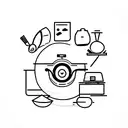 A minimalist tattoo of a computer mouse and a frying pan merged together, showcasing the client's interests in software development and cooking. tattoo design idea