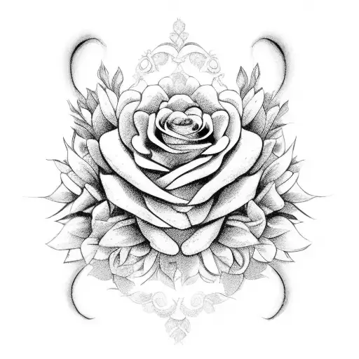 A masked queen holding a bouquet of black and grey flowers tattoo design idea