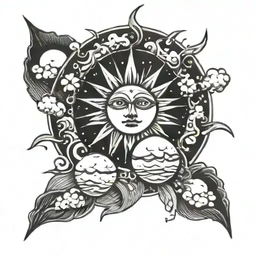 Sun and moon surrounded by clouds and solar rays tattoo design idea