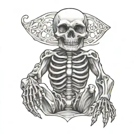 A baby trapped inside of a skeleton torax tattoo design idea