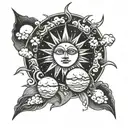 Sun and moon surrounded by clouds and solar rays tattoo design idea