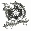 Sun and moon surrounded by clouds and solar rays tattoo design idea