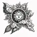 Sun and moon surrounded by clouds and solar rays tattoo design idea