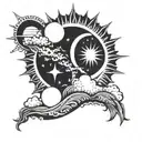 Sun and moon surrounded by clouds and solar rays tattoo design idea
