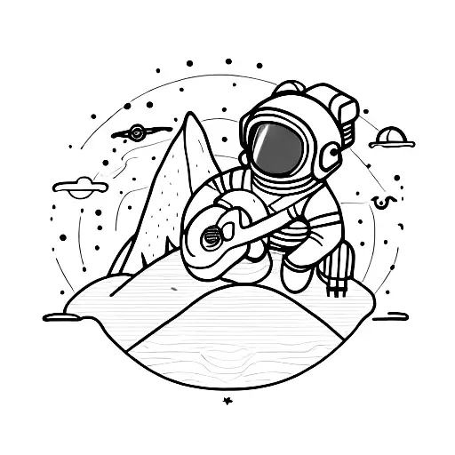 An adventurous astronaut playing guitar on a mountain peak surrounded by nature tattoo design idea