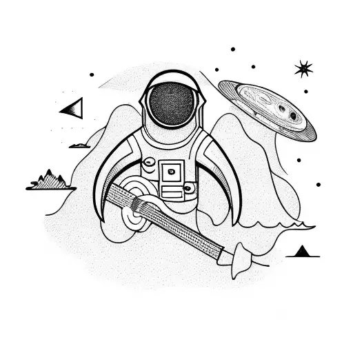 An adventurous astronaut playing guitar on a mountain peak surrounded by nature tattoo design idea