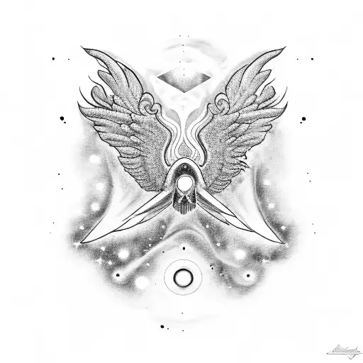 A surrealistic photograph camera with wings flying through a galaxy tattoo design idea