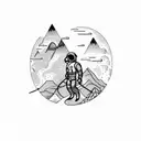 An adventurous astronaut playing guitar on a mountain peak surrounded by nature tattoo design idea