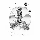 An adventurous astronaut playing guitar on a mountain peak surrounded by nature tattoo design idea