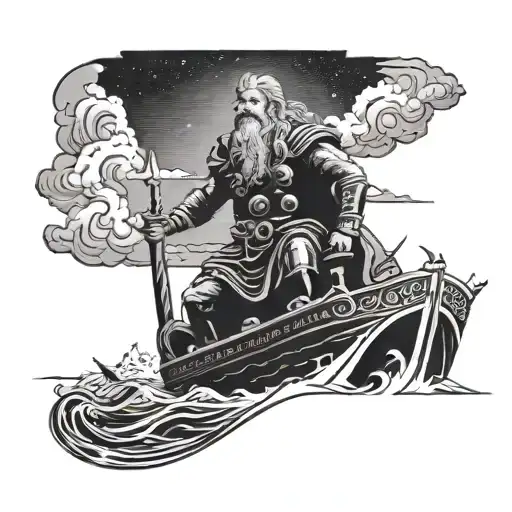 Icelandic god Thor watching over a ship sailing in the sea during a storm  tattoo design idea