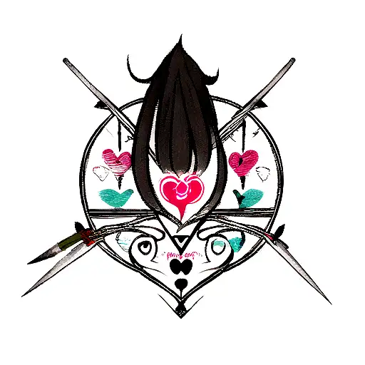 A tattoo design of a paintbrush and pencil crossed over a heart symbol, representing the client's passion for art and self-love tattoo design idea