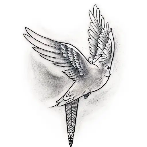A tattoo design of a peaceful dove holding a pen and paper, representing the client's passion for writing and peace tattoo design idea