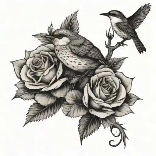 rose and wren bird tattoo design idea