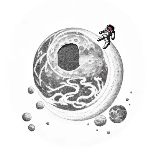 An astronaut sits on a moon boulder, gazing at Earth's reflection on his visor. In his hands, a floating heart drips blo tattoo design idea