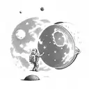 An astronaut sits on a moon boulder, gazing at Earth's reflection on his visor. In his hands, a floating heart drips blo tattoo design idea