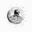 An astronaut sits on a moon boulder, gazing at Earth's reflection on his visor. In his hands, a floating heart drips blo tattoo design idea