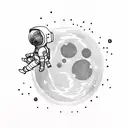 An astronaut sits on a moon boulder, gazing at Earth's reflection on his visor. In his hands, a floating heart drips blo tattoo design idea