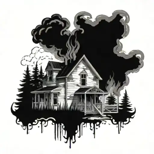 I want a typical american wooden house burning created in the style of black and white Munch's works tattoo design idea