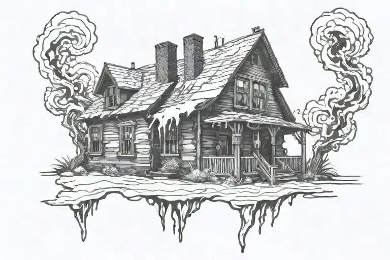 I want a typical american wooden house burning created in the style of weird black and white Munch's works  tattoo design idea