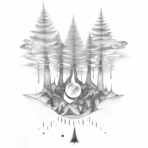 A moonlit forest with hidden esoteric symbols among the trees tattoo design idea