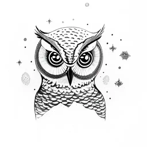 A serene owl meditating surrounded by celestial symbols tattoo design idea