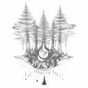 A moonlit forest with hidden esoteric symbols among the trees tattoo design idea