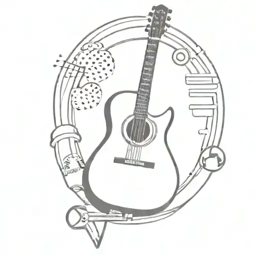 A minimalist tattoo of a guitar and a gavel crossed together to represent music and law tattoo design idea