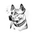 A pitbull with a collar adorned with musical notes tattoo design idea