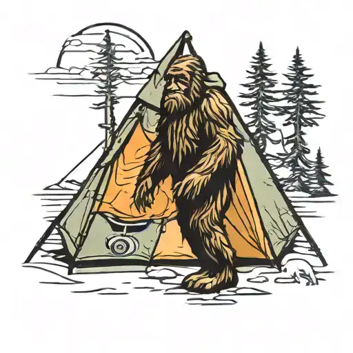 Sasquatch walking tent background tattoo design idea