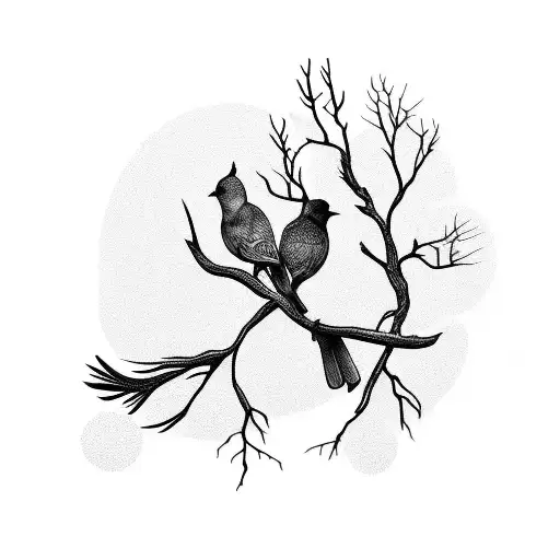 5 birds on The Branch. on The background sunset. use only Black and white color  tattoo design idea