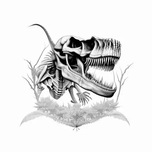 A weed leaf entwined with a Tyrannosaurus Rex skeleton tattoo design idea