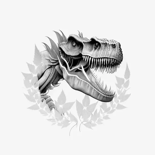 A weed leaf entwined with a Tyrannosaurus Rex tattoo design idea