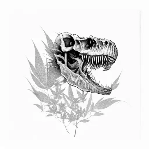 A weed leaf entwined with a Tyrannosaurus Rex skeleton tattoo design idea