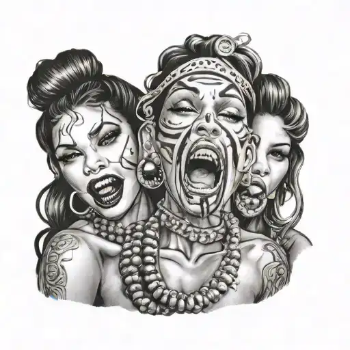 Chicano design, sexy girl with Ball gag in her mouth. hear no evil speak no evil tattoo design idea