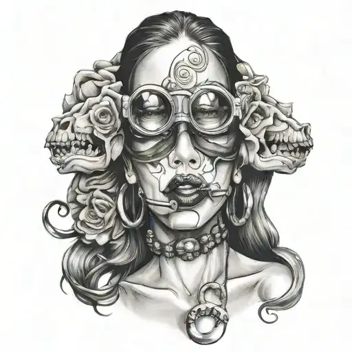 Chicano style tattoo, sexy girl with ball gag. hear no evil see no evil speak no evil  tattoo design idea