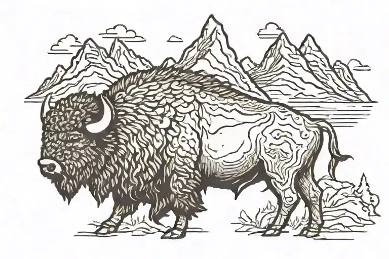 bison with mountains behind it tattoo design idea