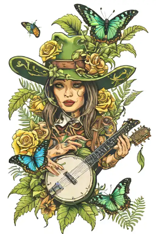 Green butterflies, Coqui playing banjo in cowboy hat, ferns, yellow roses, thorns,  tattoo design idea