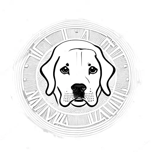 Labrador head, paw print, baby hand, birthdate in Roman numerals tattoo design idea