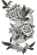 doves,roses,clouds, with roman numerals in the cloud in just one section tattoo design idea