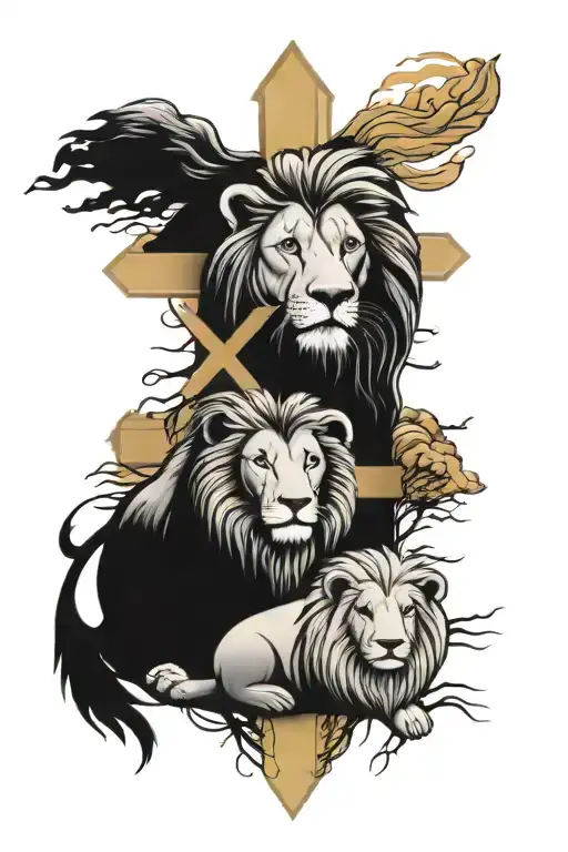 cross with sunrise, lion, lamb and sheepdog tattoo design idea