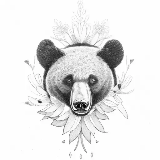Formosan black bear surrounded by edelweiss flowers and silver ferns  tattoo design idea