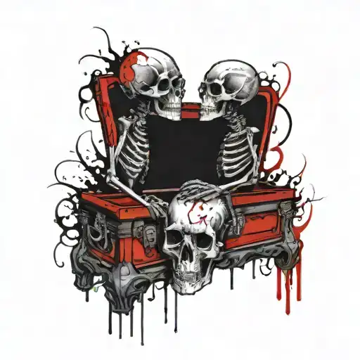 two skeletons in casket holding hands tattoo design idea