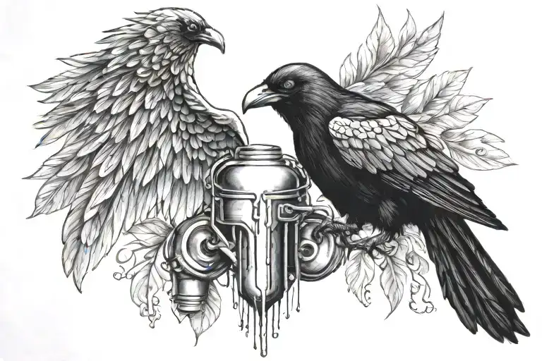 crow with wings spread, engine pistons, realistic bleeding heart   tattoo design idea