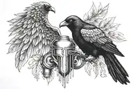 crow with wings spread, engine pistons, realistic bleeding heart   tattoo design idea