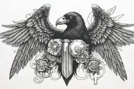 crow with wings spread, engine pistons, realistic bleeding heart   tattoo design idea