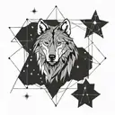 wolf in the center, simple geometry.  3 stars around with letters P, G, B. The stars are connected by thin line.  tattoo design idea