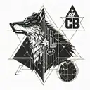 wolf in the center, simple geometry.  3 stars around with letters P, G, B. The stars are connected by thin line.  tattoo design idea