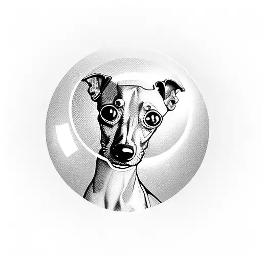 Italian greyhound looking through bubble with happy face  tattoo design idea